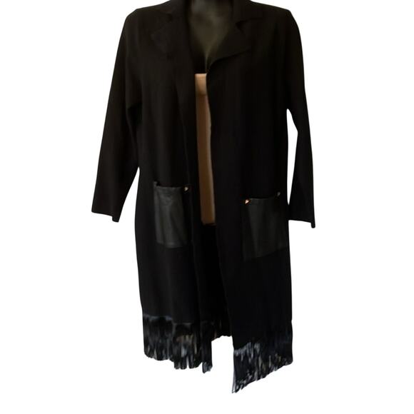 Venus Black Cardigan Duster withh faux leather Fringe and Pockets size Medium - Picture 2 of 7